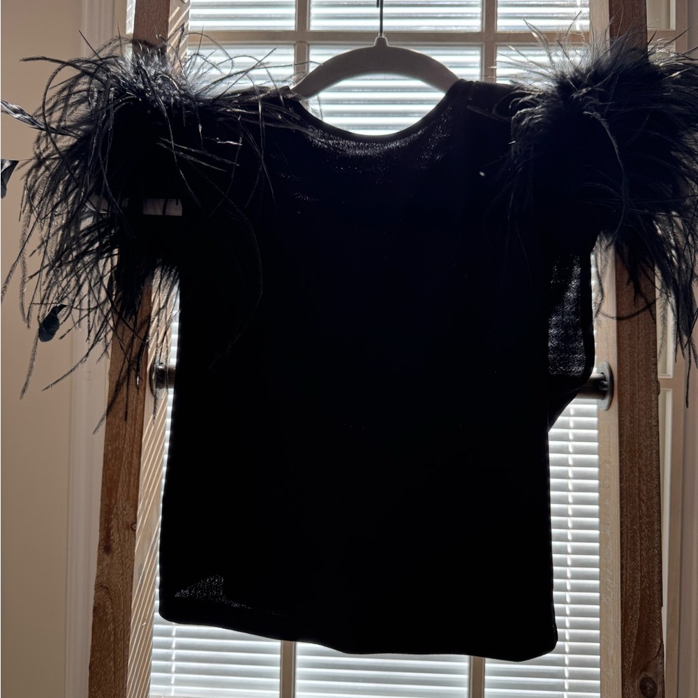 Alice + Olivia Black Feather Short Sleeve Top
